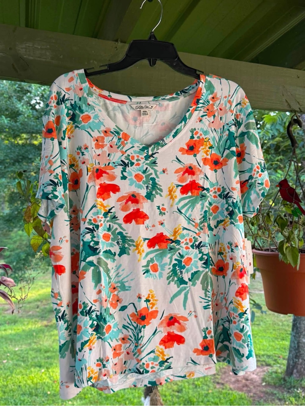The Pioneer Woman White Floral V-Neck Top with Orange & Green Print